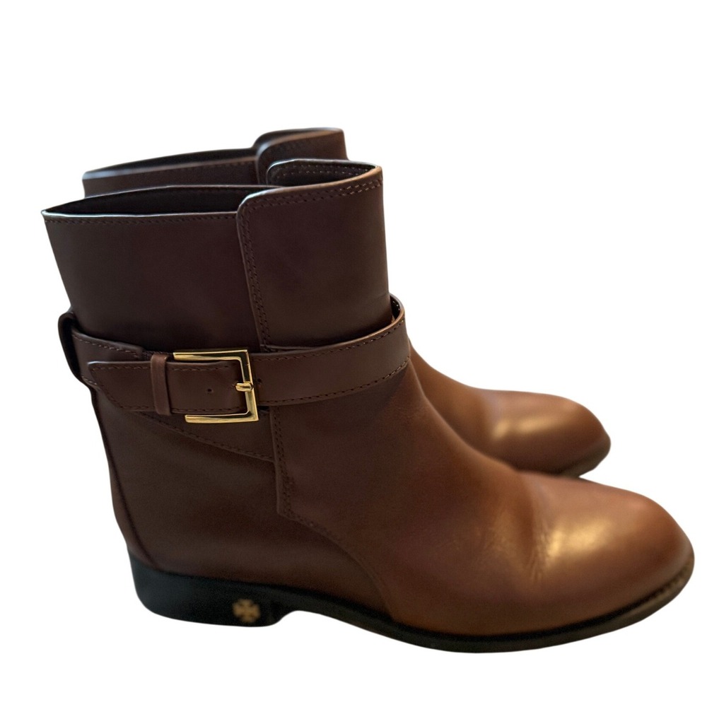 Tory Burch Brooke Brown Calf Leather Ankle Bootie Gold Logo Womens 7 - Picture 4 of 14